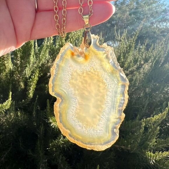 Large Golden Geode Slab Pendant Necklace 18” - Picture 5 of 9